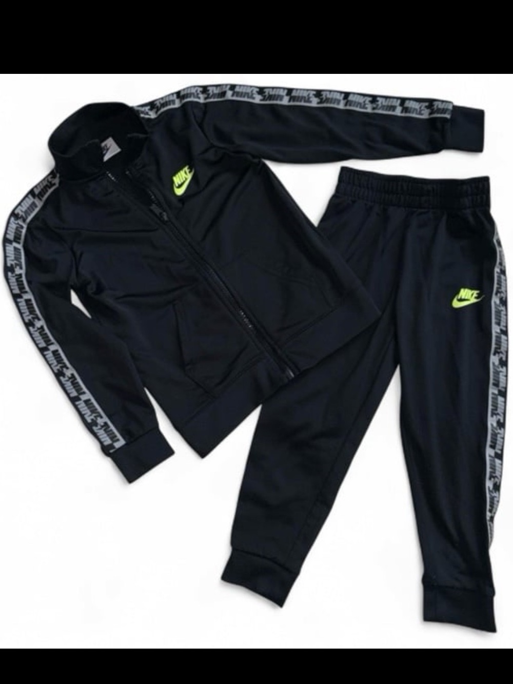 Nike SIZE 4 Black Tracksuit with Neon Green Swoosh and Logo Tape